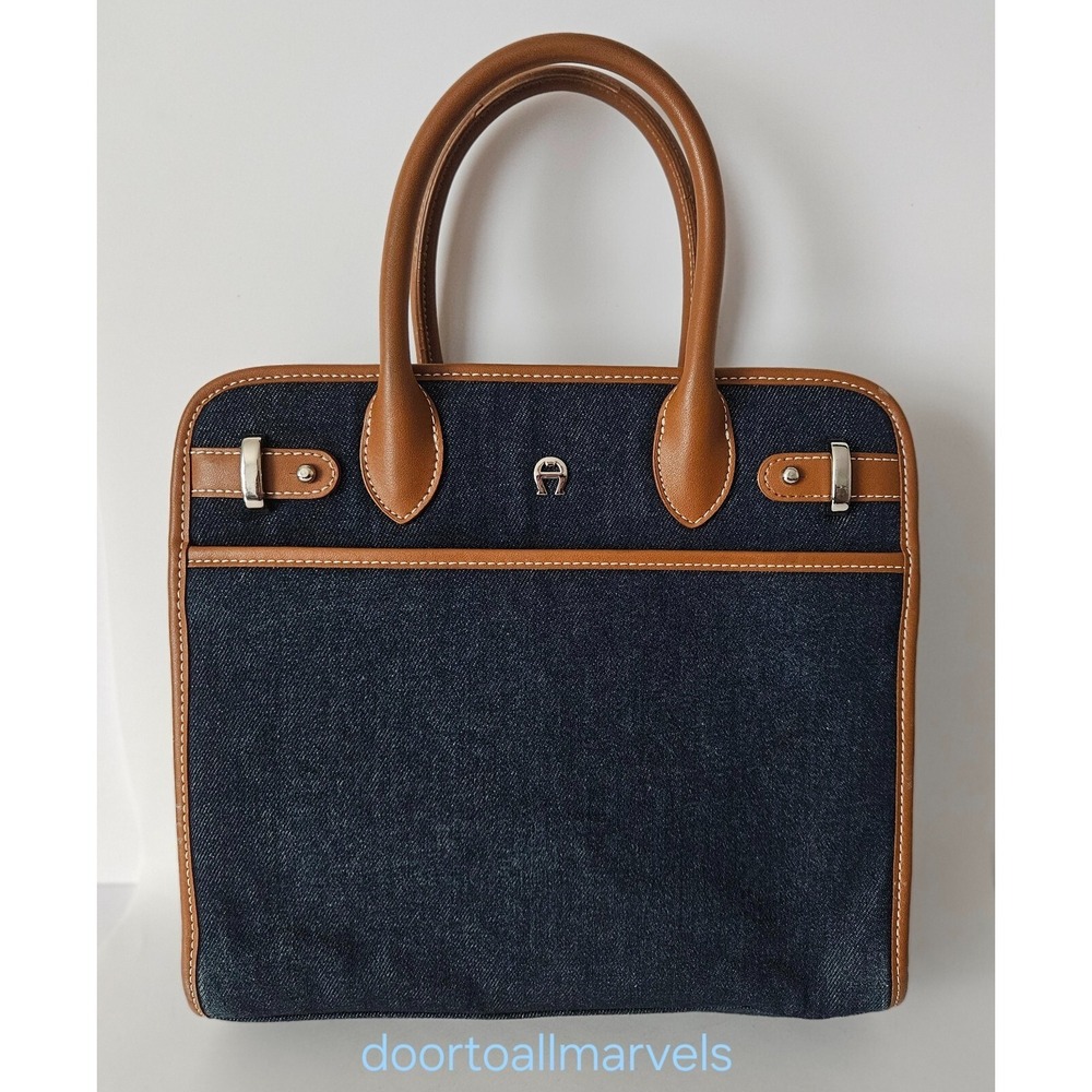 Etienne Aigner Denim Hand bag Navy Blue and Brown Trim